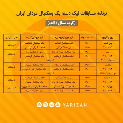 برنامه مسابقات لیگ دسته یک آقایان گروه شمال “ الف ” مردان ایران با شرکت 5 تیم به میزبانی کرمانشاه برگزار می شود.